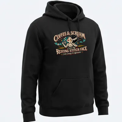 Vintage retro t-shirt featuring a cute character with coffee and skull mug — printed on a unisex hoodie