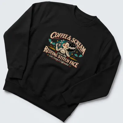 Vintage retro t-shirt featuring a cute character with coffee and skull mug — printed on a unisex sweatshirt
