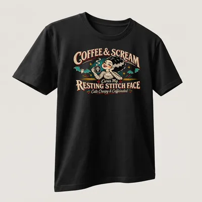 Vintage retro t-shirt featuring a cute character with coffee and skull mug — printed on a unisex t-shirt (angled view)