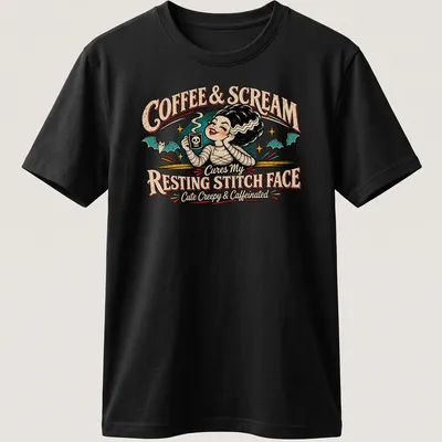 Vintage retro t-shirt featuring a cute character with coffee and skull mug — printed on a unisex t-shirt