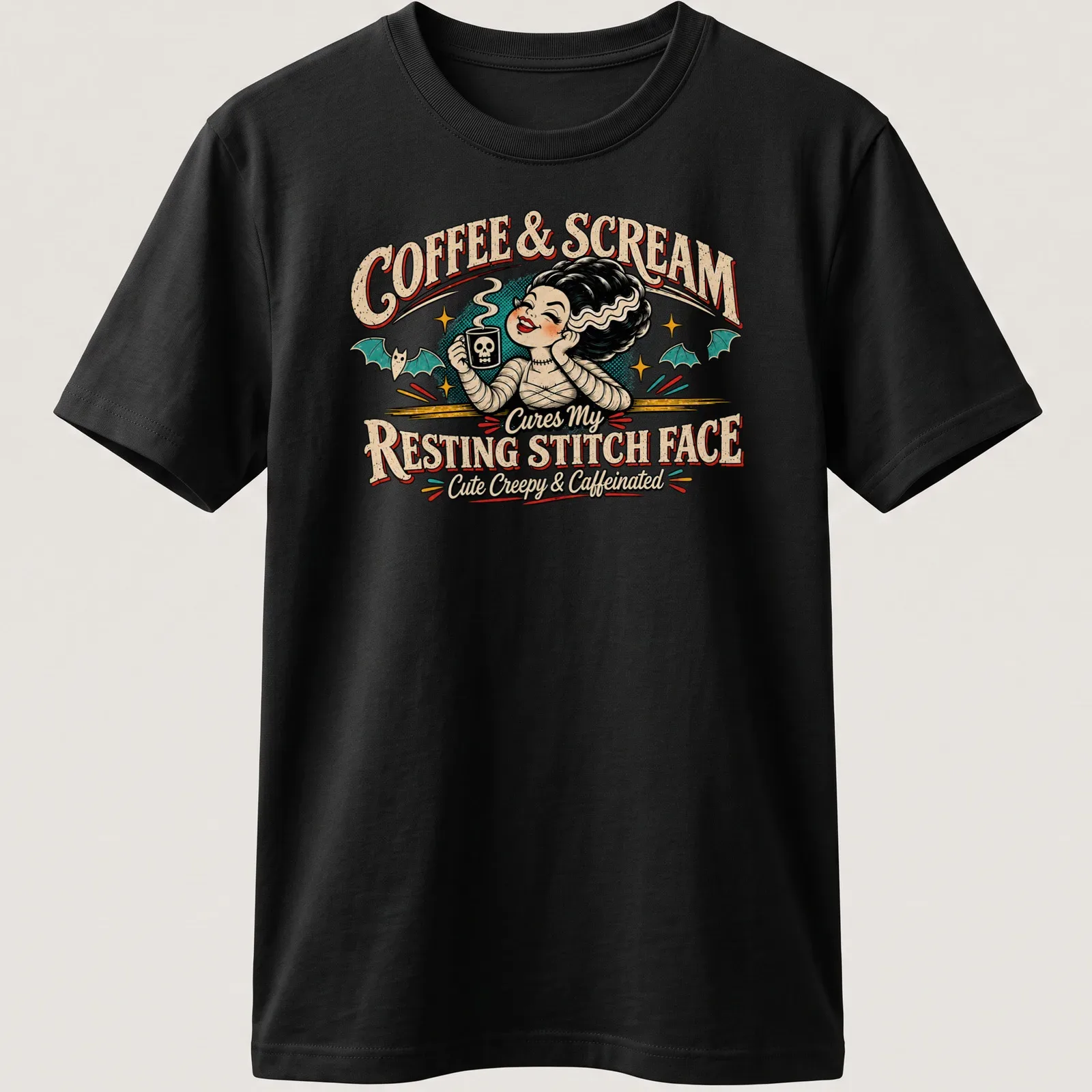 Vintage retro t-shirt featuring a cute character with coffee and skull mug — printed on a unisex t-shirt