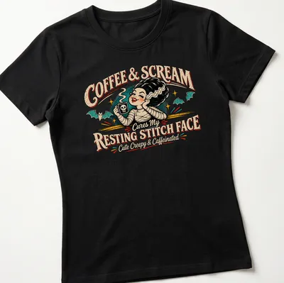 Vintage retro t-shirt featuring a cute character with coffee and skull mug — printed on a women's shirt