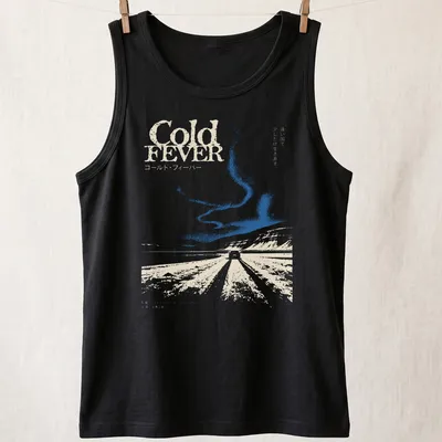 Minimalist Icelandic landscape with a car and text reading Cold FEVER — printed on a tank top