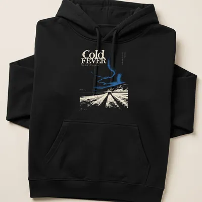 Minimalist Icelandic landscape with a car and text reading Cold FEVER — printed on a unisex hoodie