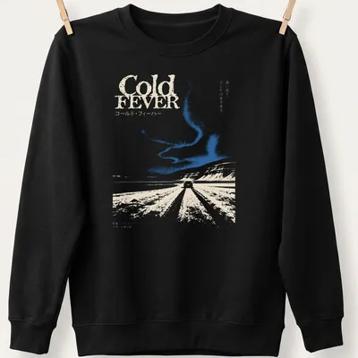 Minimalist Icelandic landscape with a car and text reading Cold FEVER — printed on a unisex sweatshirt