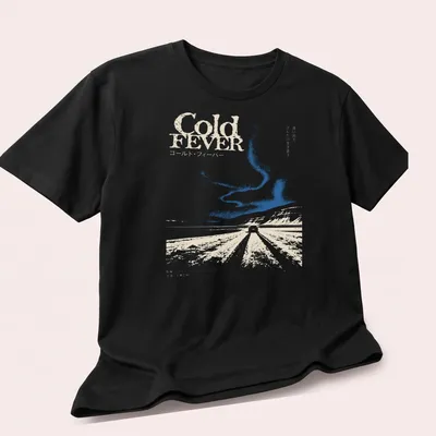 Minimalist Icelandic landscape with a car and text reading Cold FEVER — printed on a unisex t-shirt (angled view)