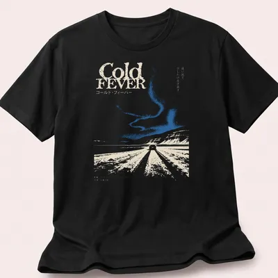 Minimalist Icelandic landscape with a car and text reading Cold FEVER — printed on a unisex t-shirt