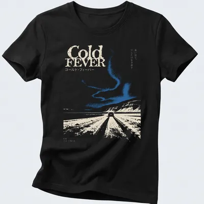 Minimalist Icelandic landscape with a car and text reading Cold FEVER — printed on a women's shirt