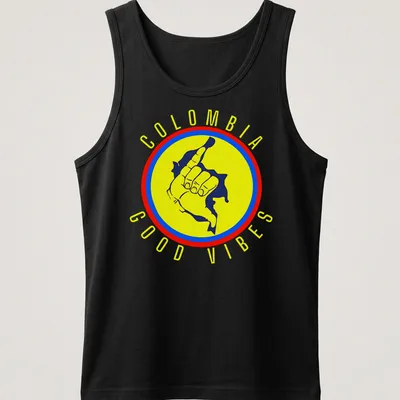Graphic of a cheerful hand gesture with the text Colombia Good Vibes in vibrant colors — printed on a tank top