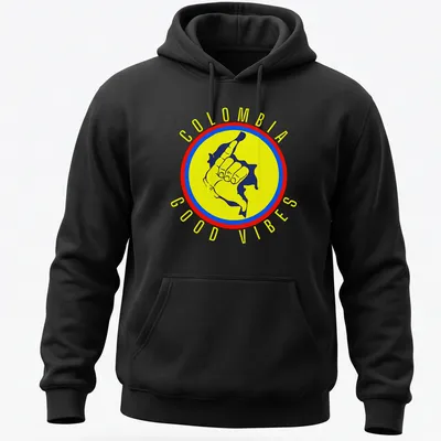 Graphic of a cheerful hand gesture with the text Colombia Good Vibes in vibrant colors — printed on a unisex hoodie
