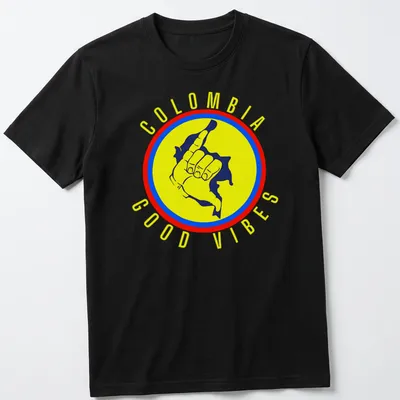 Graphic of a cheerful hand gesture with the text Colombia Good Vibes in vibrant colors