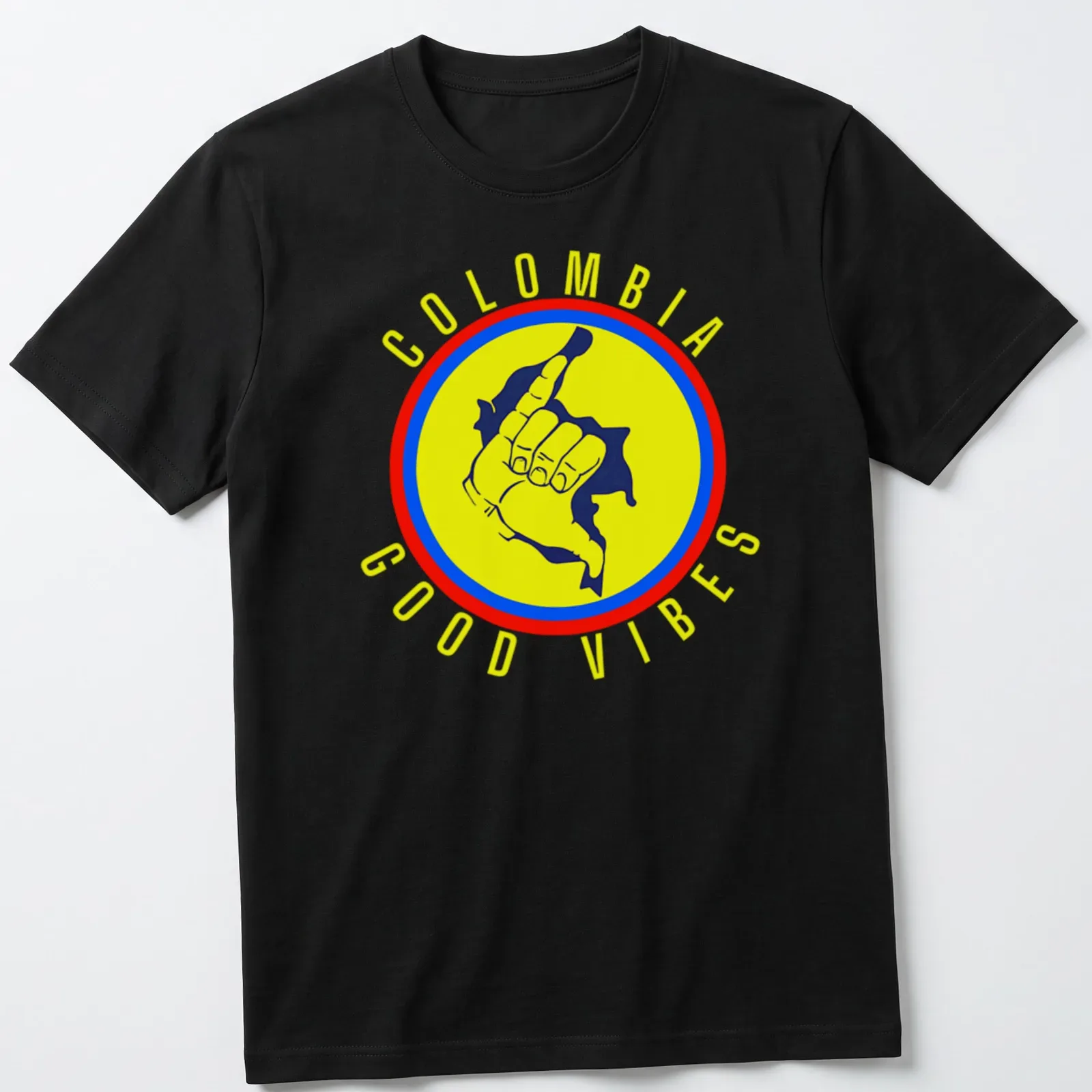 Graphic of a cheerful hand gesture with the text Colombia Good Vibes in vibrant colors — printed on a unisex t-shirt