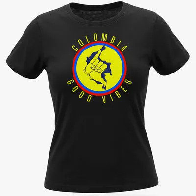 Graphic of a cheerful hand gesture with the text Colombia Good Vibes in vibrant colors — printed on a women's shirt