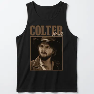 Vintage sepia print of a cowboy with a hat and the text COLTER Wall — printed on a tank top