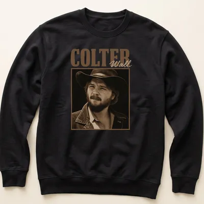 Vintage sepia print of a cowboy with a hat and the text COLTER Wall — printed on a unisex sweatshirt