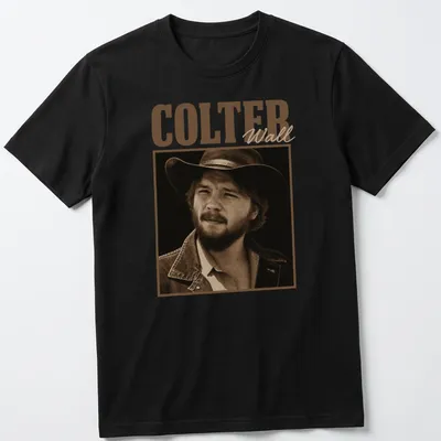 Vintage sepia print of a cowboy with a hat and the text COLTER Wall