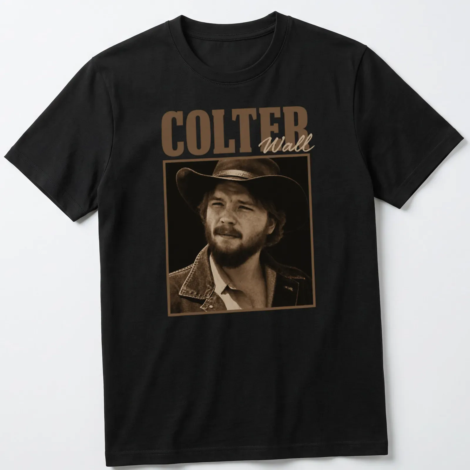 Vintage sepia print of a cowboy with a hat and the text COLTER Wall — printed on a unisex t-shirt