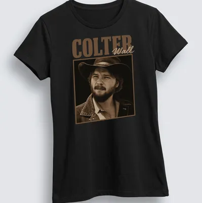 Vintage sepia print of a cowboy with a hat and the text COLTER Wall — printed on a women's shirt