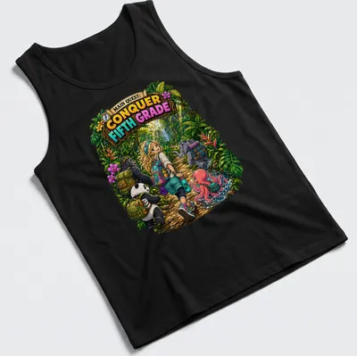 Colorful cartoon of a girl with a panda, gorilla, elephant, and octopus, with text about conquering fifth grade — printed on a tank top
