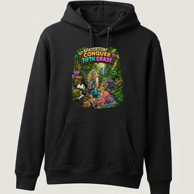 Colorful cartoon of a girl with a panda, gorilla, elephant, and octopus, with text about conquering fifth grade — printed on a unisex hoodie