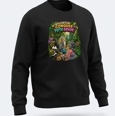 Colorful cartoon of a girl with a panda, gorilla, elephant, and octopus, with text about conquering fifth grade — printed on a unisex sweatshirt