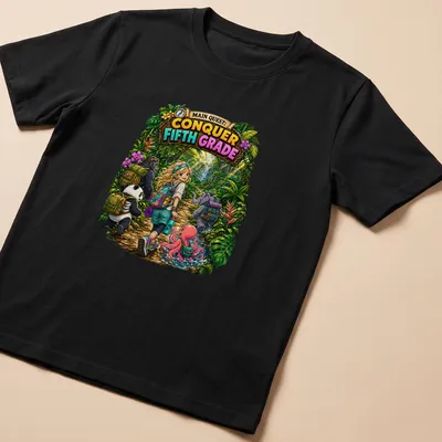 Colorful cartoon of a girl with a panda, gorilla, elephant, and octopus, with text about conquering fifth grade