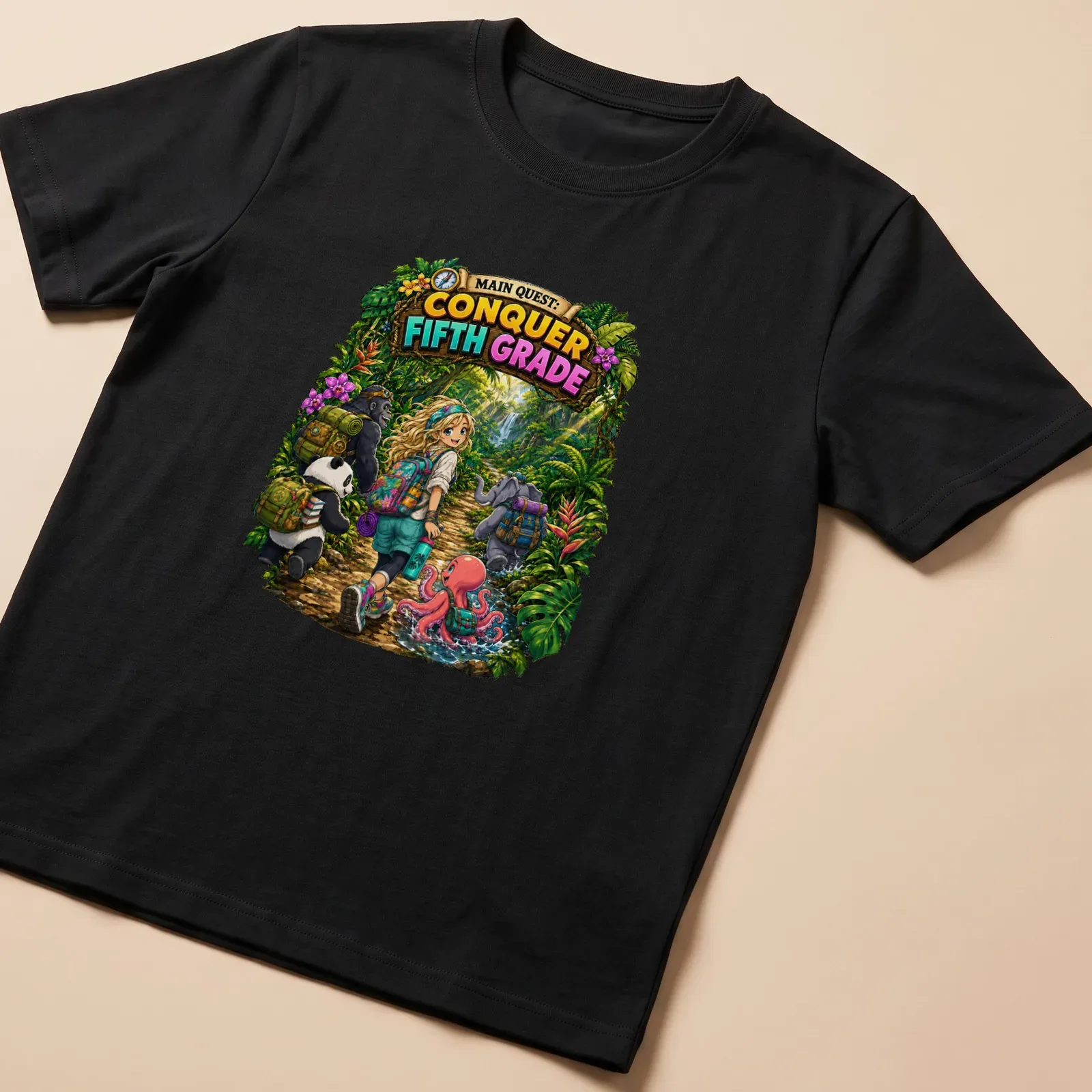 Colorful cartoon of a girl with a panda, gorilla, elephant, and octopus, with text about conquering fifth grade — printed on a unisex t-shirt