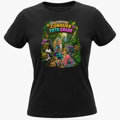 Colorful cartoon of a girl with a panda, gorilla, elephant, and octopus, with text about conquering fifth grade — printed on a women's shirt