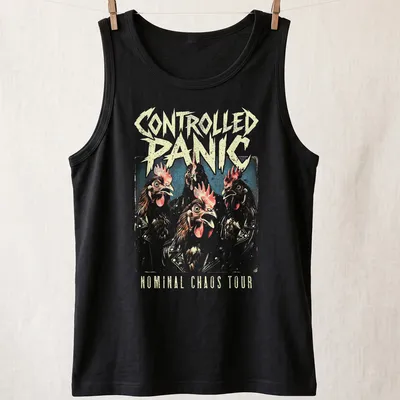 Vintage rock tee with cartoon chickens and bold text for band fans — printed on a tank top