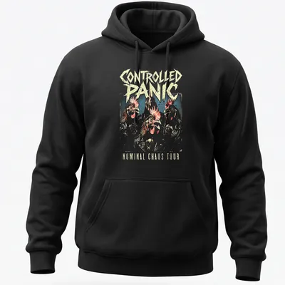 Vintage rock tee with cartoon chickens and bold text for band fans — printed on a unisex hoodie