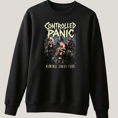 Vintage rock tee with cartoon chickens and bold text for band fans — printed on a unisex sweatshirt