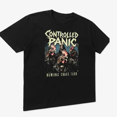 Vintage rock tee with cartoon chickens and bold text for band fans — printed on a unisex t-shirt (angled view)