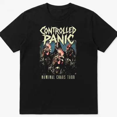 Vintage rock tee with cartoon chickens and bold text for band fans