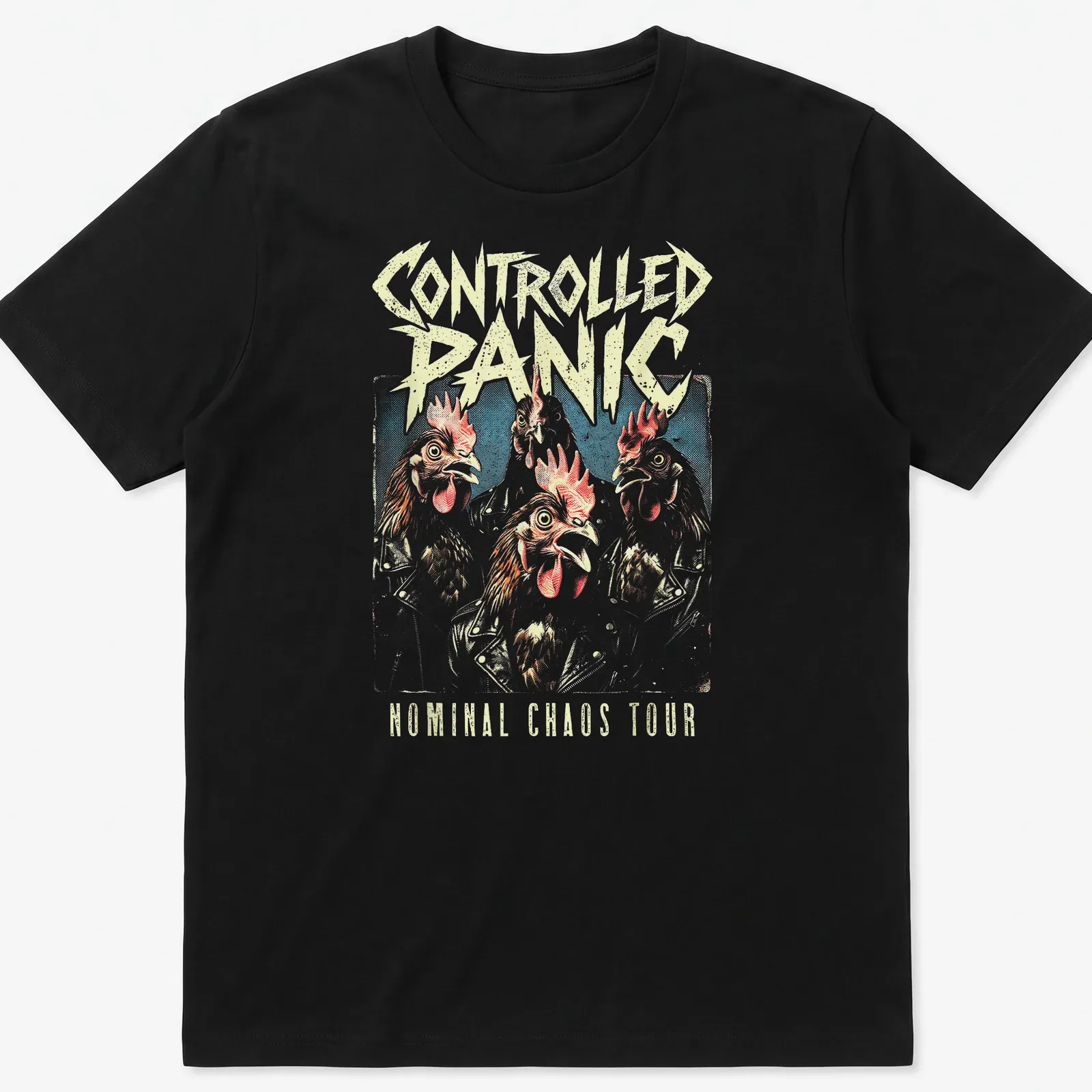 Vintage rock tee with cartoon chickens and bold text for band fans — printed on a unisex t-shirt