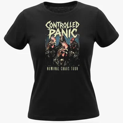 Vintage rock tee with cartoon chickens and bold text for band fans — printed on a women's shirt