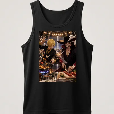 Anime style shirt featuring chefs in a colorful cooking battle scene — printed on a tank top