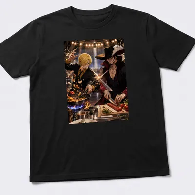 Anime style shirt featuring chefs in a colorful cooking battle scene