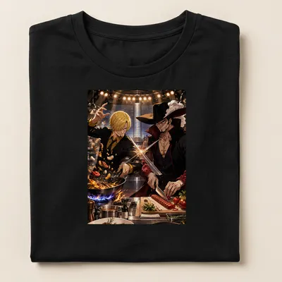 Anime style shirt featuring chefs in a colorful cooking battle scene — printed on a women's shirt