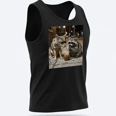 Coyote and raccoon in sunglasses with iced coffee, in urban wildlife photography style. — printed on a tank top