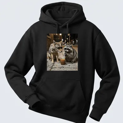Coyote and raccoon in sunglasses with iced coffee, in urban wildlife photography style. — printed on a unisex hoodie