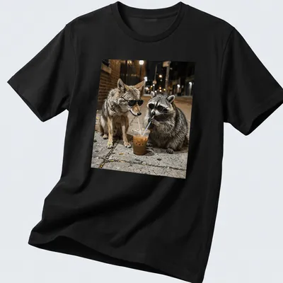 Coyote and raccoon in sunglasses with iced coffee, in urban wildlife photography style.