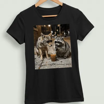 Coyote and raccoon in sunglasses with iced coffee, in urban wildlife photography style. — printed on a women's shirt