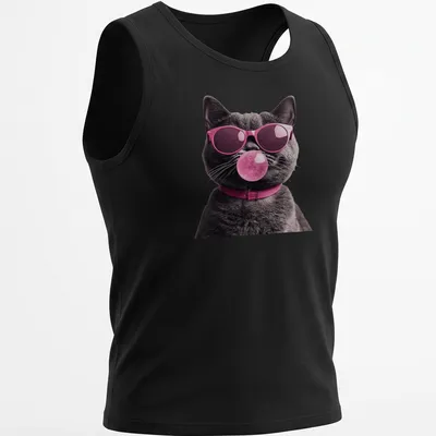 Realistic illustration of a grey cat in sunglasses blowing pink bubblegum — printed on a tank top