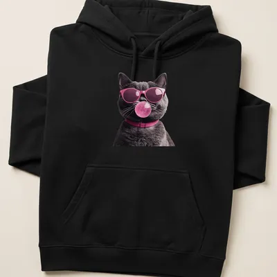 Realistic illustration of a grey cat in sunglasses blowing pink bubblegum — printed on a unisex hoodie