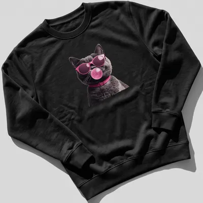 Realistic illustration of a grey cat in sunglasses blowing pink bubblegum — printed on a unisex sweatshirt