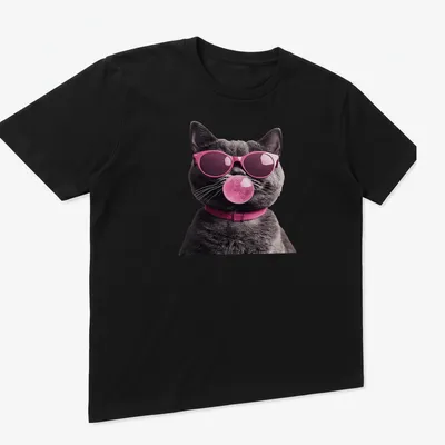 Realistic illustration of a grey cat in sunglasses blowing pink bubblegum — printed on a unisex t-shirt (angled view)