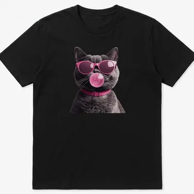 Realistic illustration of a grey cat in sunglasses blowing pink bubblegum