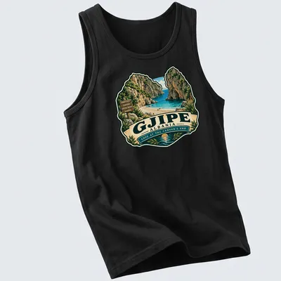 Vintage travel design depicting Gjipe Cove in Albania with a retro feel — printed on a tank top