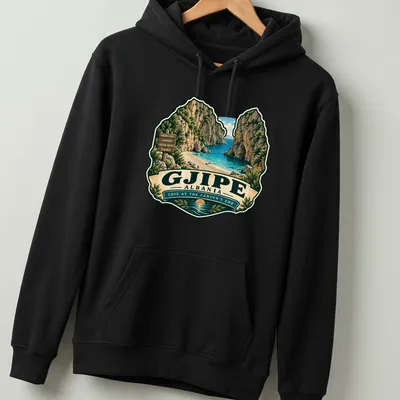 Vintage travel design depicting Gjipe Cove in Albania with a retro feel — printed on a unisex hoodie