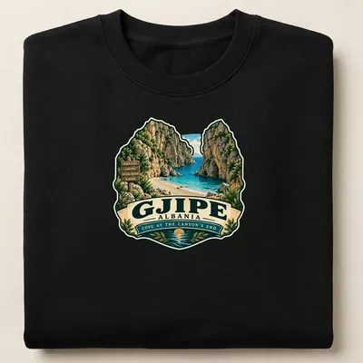 Vintage travel design depicting Gjipe Cove in Albania with a retro feel — printed on a unisex sweatshirt